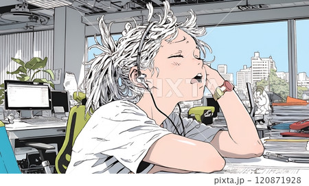 仕事中にあくびをしている若い女性