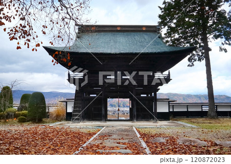 美しき信州長野(秋を染める落ち葉のなか諏訪市を見下ろす高台にどっしりと構える。諏訪善光寺の山門。) 美しき信州長野(秋を染める落ち葉のなか諏訪市を見下ろす高台にどっしりと構える。諏訪善光寺の山門。) 120872023
