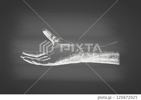 Chalk-style sketch of outstretched hand on chalkboard. Concept of giving, offering, support. Element in vintage engraving style for charity or human connection. Vector illustration of hatch drawing. 120872025