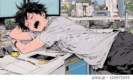 仕事中にあくびをしている若い男性