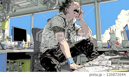 仕事中にあくびをしている若い男性