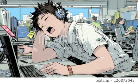 仕事中にあくびをしている若い男性