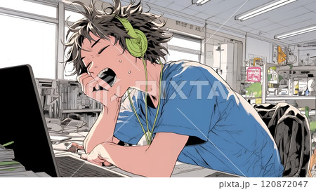 仕事中にあくびをしている若い男性
