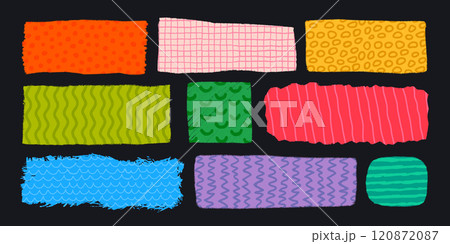 Rectangle shape set with rough torn edges. Grunge style square frames with ripped border and patterns. Hand drawn vintage badges, banners and other forms with textures and patterns. Hand-drawn 120872087
