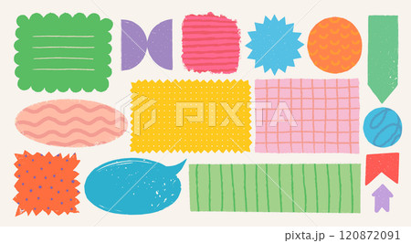 Memo notes and stickers in rough rustic style. Hand drawn vintage textured badges, banners, ribbon, flags, and other design elements. Hand-drawn infographic Vector collection 120872091