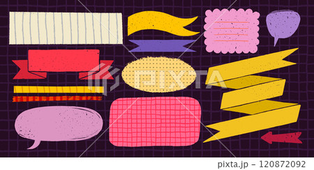 Memo notes and simple shapes in rough rustic style. Hand drawn vintage textured badges, banners, ribbon, flags, and other design elements. Hand-drawn infographic Vector collection 120872092