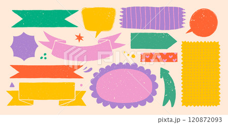 Simple shapes with various patterns in rough rustic style. Hand drawn vintage badges, banners and other forms with textures and patterns. Hand-drawn infographic Vector collection 120872093