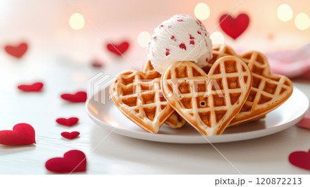 Valentine ice cream concept. Heart shaped waffles with ice cream and romantic decor 120872213
