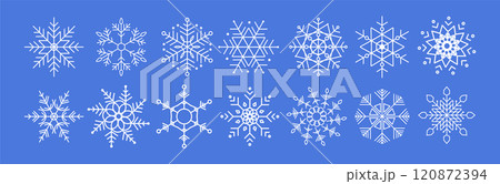 Set of Snowflakes Vector. Winter Snowflake Icons. Geometric Snowflakes Design. White Snowflakes on Blue Background. Snowflake Collection. 120872394
