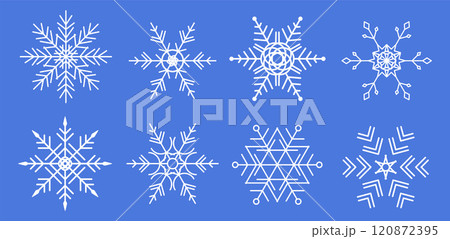 Modern Snowflake Vector Set. Geometric and Minimal Snowflake Designs. Winter Holiday White Snowflakes on Blue Background 120872395