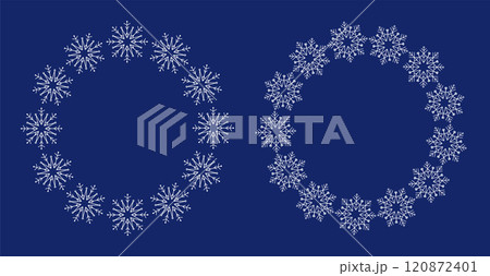 Snowflake Wreath Vector Set. Winter Holiday Ornaments. Geometric Snowflake Designs. White Decorations on Blue Background 120872401
