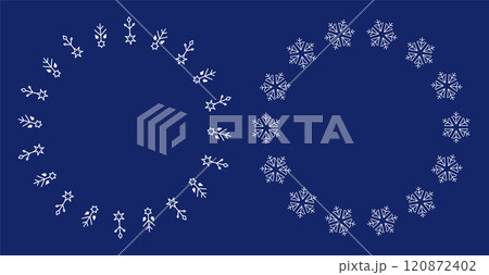 Winter Snowflake and Star Wreaths Vector Set. White Ornaments on Blue Background. Geometric and Minimal Holiday Decorations 120872402