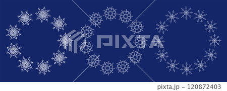 Elegant Snowflake Wreaths on Blue Background. Winter Holiday Vector Set. Intricate Geometric Snowflake Designs. White Snowflake Ornaments 120872403