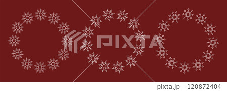 Intricate Snowflake Wreath Vector Set. Winter Holiday Circle Ornaments. Geometric Snowflake Designs. White Snowflakes on Red Background 120872404