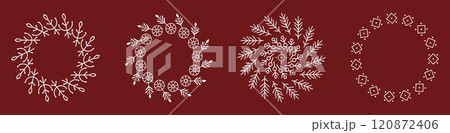 Elegant Snowflake Wreaths Vector Set. Winter Holiday Decoration. Geometric and Flat Snowflake Ornaments. White Christmas Designs on Red Background 120872406