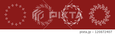 Christmas Snowflake Wreaths Vector Set. Winter Holiday Ornaments. Geometric and Hand-Drawn Wreath Designs. White Snowflakes on Red Background 120872407