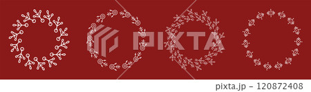 Snowflake Wreaths on Red Background. Winter Holiday Vector Set. Geometric and Hand-Drawn Snowflake Wreaths. White Christmas Ornaments. Minimal Snowflake Designs 120872408