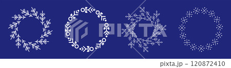 Geometric Snowflake Wreaths Vector Set. Winter Holiday Ornaments. White Snowflake Designs on Blue Background. Minimal Christmas Decorations 120872410
