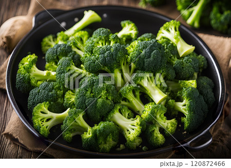 Freshly chopped broccoli sizzling in a pan, lightly fried to perfection, ready to create a delicious meal. Its vibrant green color and crisp texture shine. AI Generated 120872466