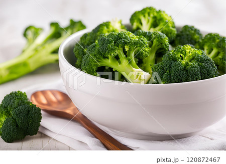 Cooked chopped broccoli served in a bowl, showcasing its tender texture and vibrant green color, perfect as a healthy side dish or nutritious meal addition. AI Generated 120872467