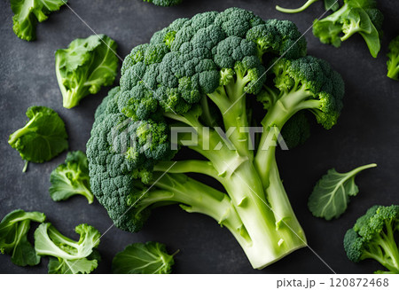Close-up of a fresh broccoli straight from the farm, showcasing its vibrant green color, crisp texture and natural appeal, perfect for healthy meals. AI Generated 120872468