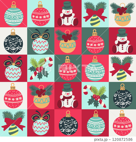 Hand drawn vector Christmas seamless pattern. Gift box, Santa Claus, snowman, Christmas ornaments. Hand drawn vector Christmas seamless pattern. Gift box, Santa Claus, snowman, Christmas ornaments. 120872586