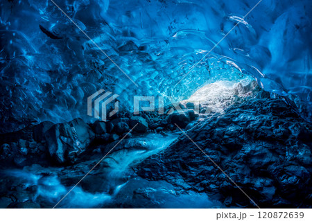 Entrance of an crystal blue ice cave with underground river inside Vatnajokull glacier, Iceland Entrance of an crystal blue ice cave with underground river inside Vatnajokull glacier, Iceland 120872639