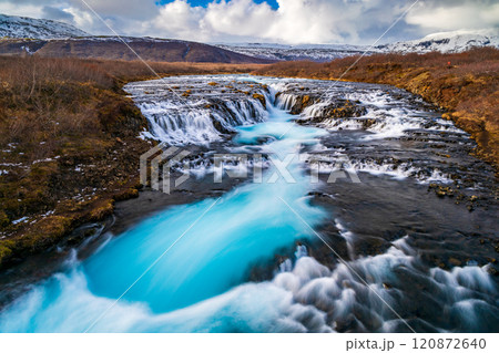 Beautiful turquoise Bruarfoss Waterfall in the autumn, Iceland Beautiful turquoise Bruarfoss Waterfall in the autumn, Iceland 120872640