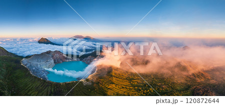 Aerial panorama drone view of mount Kawah Ijen volcano crater at sunrise, East Java, Indonesia 120872644