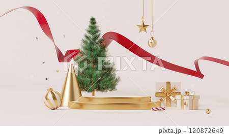 3D render, Merry Christmas and happy new year background with podium, festive Christmas tree with golden accents and red ribbon. 120872649