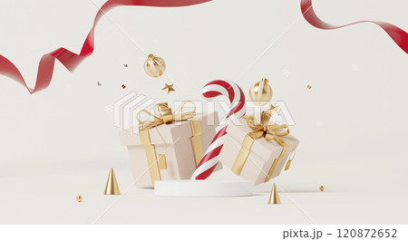 3D render, Merry Christmas and happy new year background with podium, gold and white presents with candy cane and festive decor. 120872652