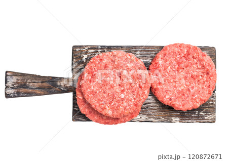 Raw pork and beef meat patties with herbs on wooden board isolated on white background 120872671