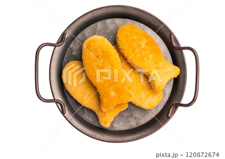 Fish fingers or fish sticks on steel tray isolated on white background. top view 120872674