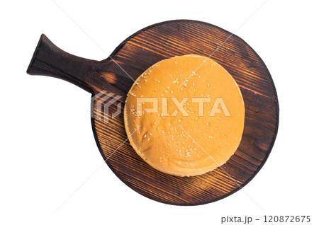 Fresh Baked burger buns, bread for cooking hamburgers isolated on white background. top view 120872675