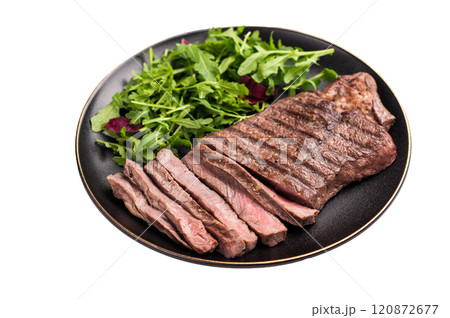 Barbecue dry aged wagyu entrecot steak on plate with salad isolated on white background Barbecue dry aged wagyu entrecot steak on plate with salad isolated on white background 120872677