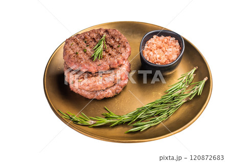 BBQ roasted hamburger chopped meat steaks patties with rosemary isolated on white background BBQ roasted hamburger chopped meat steaks patties with rosemary isolated on white background 120872683