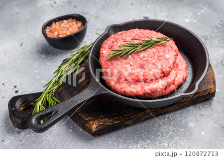 Ready for cooking Raw beef meat patties, cutlets with herbs in pan. grey background. top view 120872713