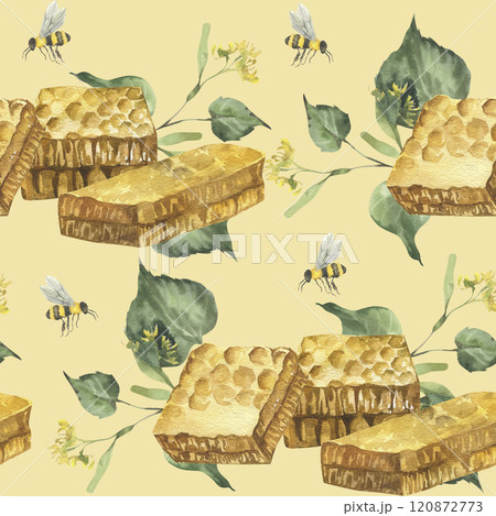 Natural honey seamless pattern with fresh golden honeycombs, linden branches and flying bees on beige background. Hand drawn background for organic food packing, beekeeping farm fabric,textile design Natural honey seamless pattern with fresh golden honeycombs, linden branches and flying bees on beige background. Hand drawn background for organic food packing, beekeeping farm fabric,textile design 120872773