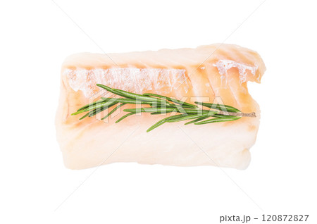 Raw cod fish fillet, ready for cooking Boneless white fish meat isolated on white background 120872827
