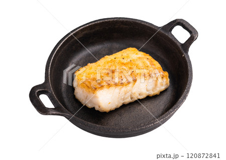 Roasted cod fish loin fiilet in skillet isolated on white background Roasted cod fish loin fiilet in skillet isolated on white background 120872841