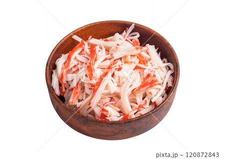 Fresh Crab meat, crabmeat in wooden bowl isolated on the white background. top view Fresh Crab meat, crabmeat in wooden bowl isolated on the white background. top view 120872843