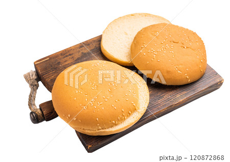 Baked burger buns isolated on white background. top view 120872868