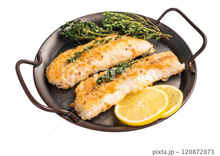 Baked Hake fish fiilet, fried whitefish meat isolated on white background 120872871