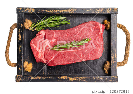 Fresh butchered Raw top sirloin beef steak with rosemary isolated on white background. top view Fresh butchered Raw top sirloin beef steak with rosemary isolated on white background. top view 120872915