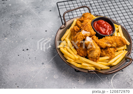 Deep fried chicken strips, stick from breast fillet. grey background. top view 120872970
