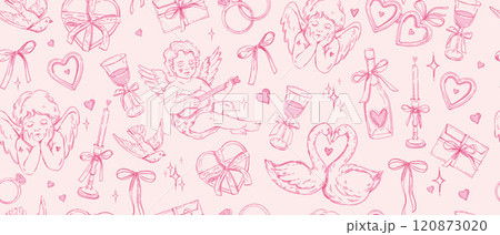 Coquettish Valentine Day seamless pattern, vector hand drawn pink wedding texture, heart, wineglass. 120873020