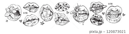 Pencil hand drawn lips doodle set, vector female mouth collection, charcoal trendy kiss, flower, bee 120873021