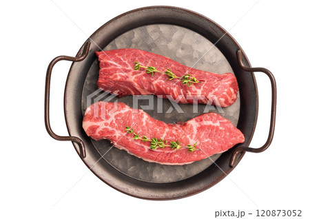 Raw Tri Tip Steak from Black Angus beef meat in stell tray isolated on white background 120873052