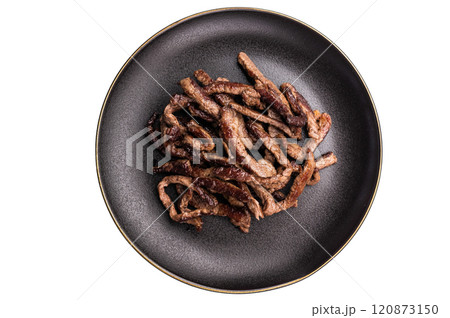 BBQ Fried beef tender strips, sliced steak in a plate isolated on white background 120873150