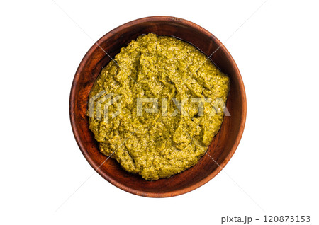 Basil Pesto sauce, Iitalian sauce in a wooden bowl isolated on white background 120873153